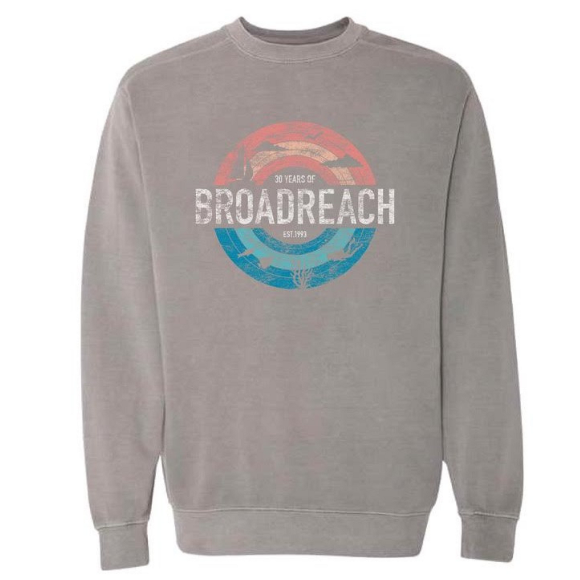 grey crewneck sweatshirt reading 30 years of Broadreach