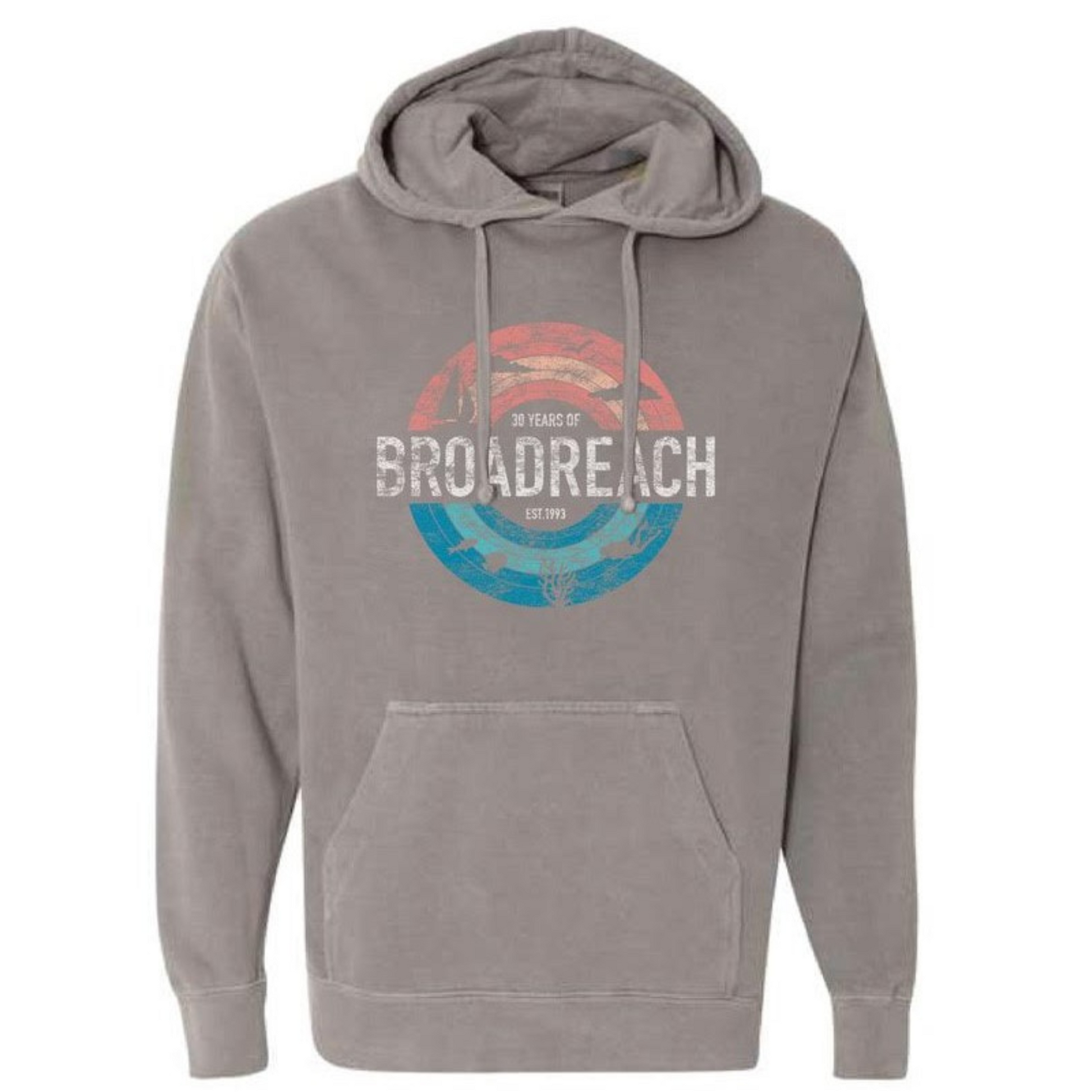 grey hooded sweatshirt reading 30 years of Broadreach